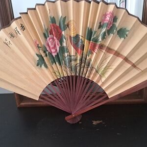 Large vintage paper wood ASIAN folding wall fan hand painted MCM decor ornate